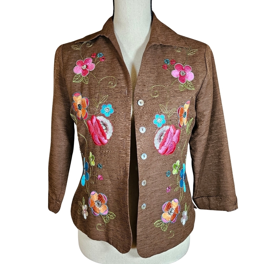 Silkland Embroidered Silk Blazer,  Size Small,  Brown with Floral Design
